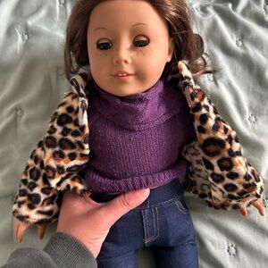 American Girl Doll with Purple Sweater and Leopard Jacket